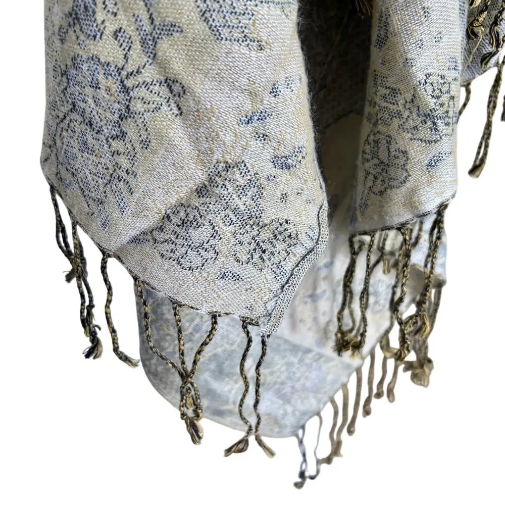PASHMINA Silk Blend Paisley Tapestry Wrap Shawl Neutral Print Fringe Boho Hippie